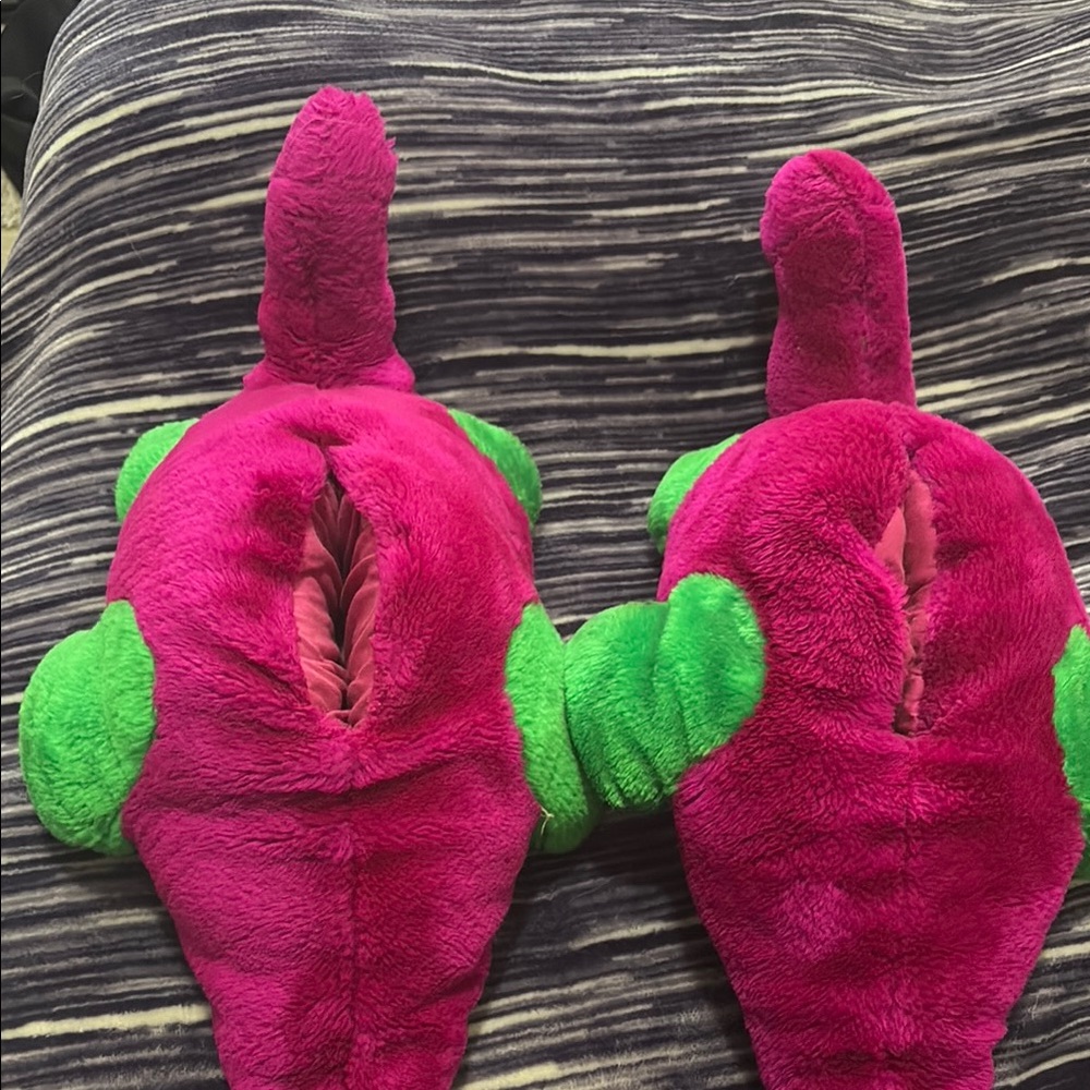 Plush Pink and Green Dinosaur Slippers